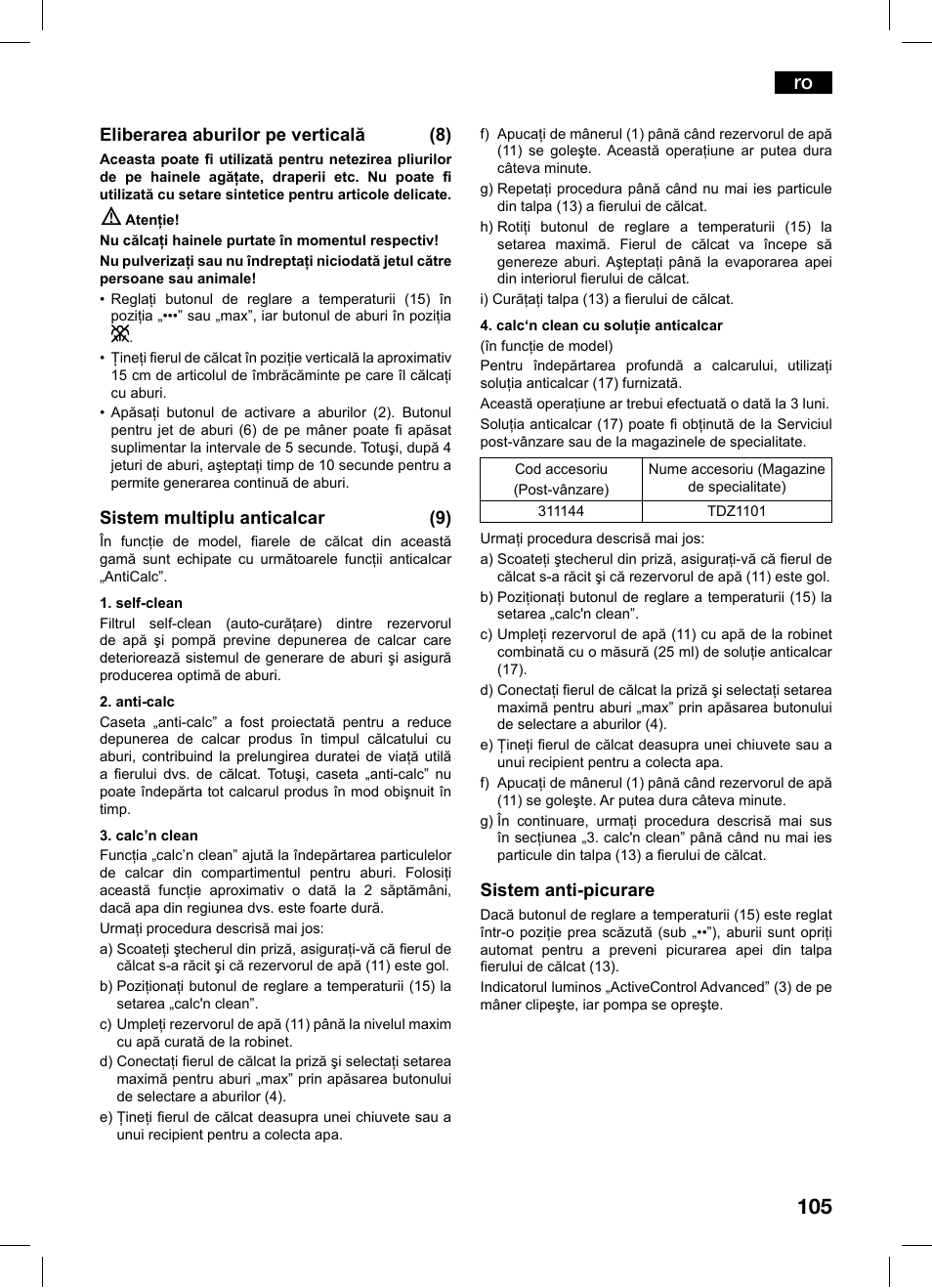 Eliberarea aburilor pe verticală (8), Sistem multiplu anticalcar (9), Sistem anti-picurare | Bosch TDS1216 User Manual | Page 105 / 116