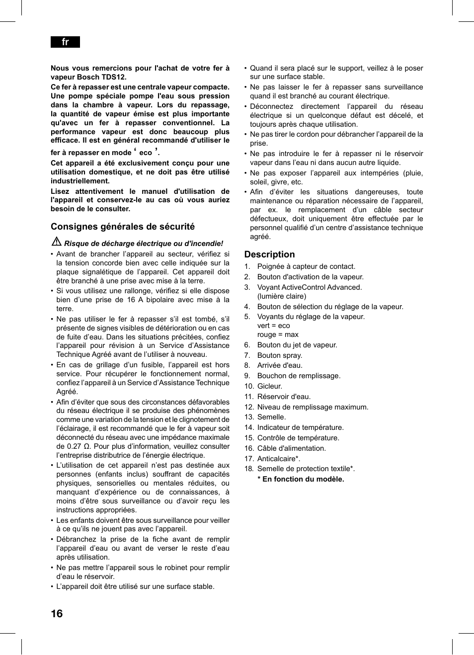Consignes générales de sécurité, Description | Bosch TDS1216 User Manual | Page 16 / 116