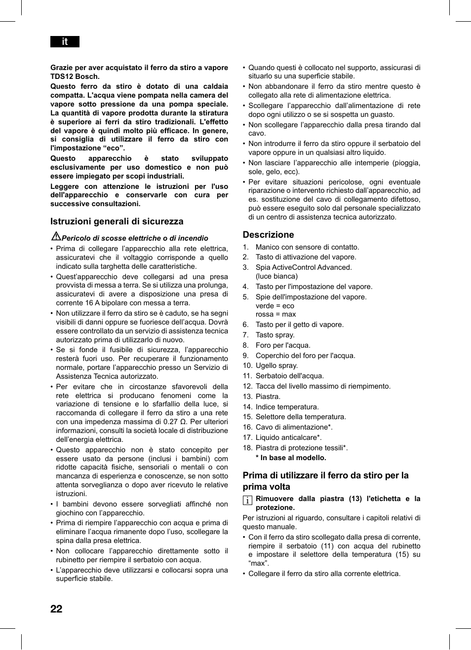 Istruzioni generali di sicurezza, Descrizione | Bosch TDS1216 User Manual | Page 22 / 116