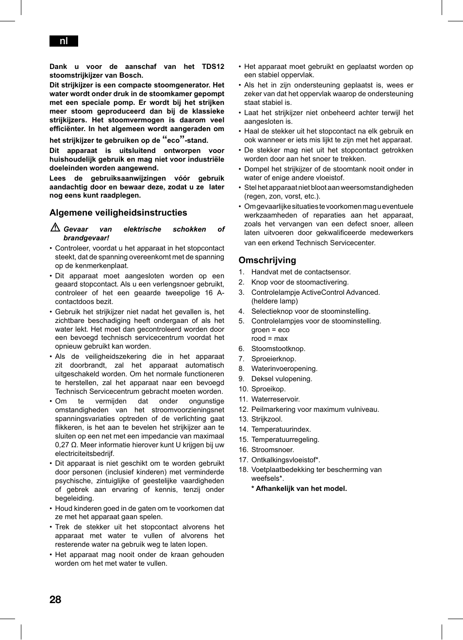 Algemene veiligheidsinstructies, Omschrijving | Bosch TDS1216 User Manual | Page 28 / 116