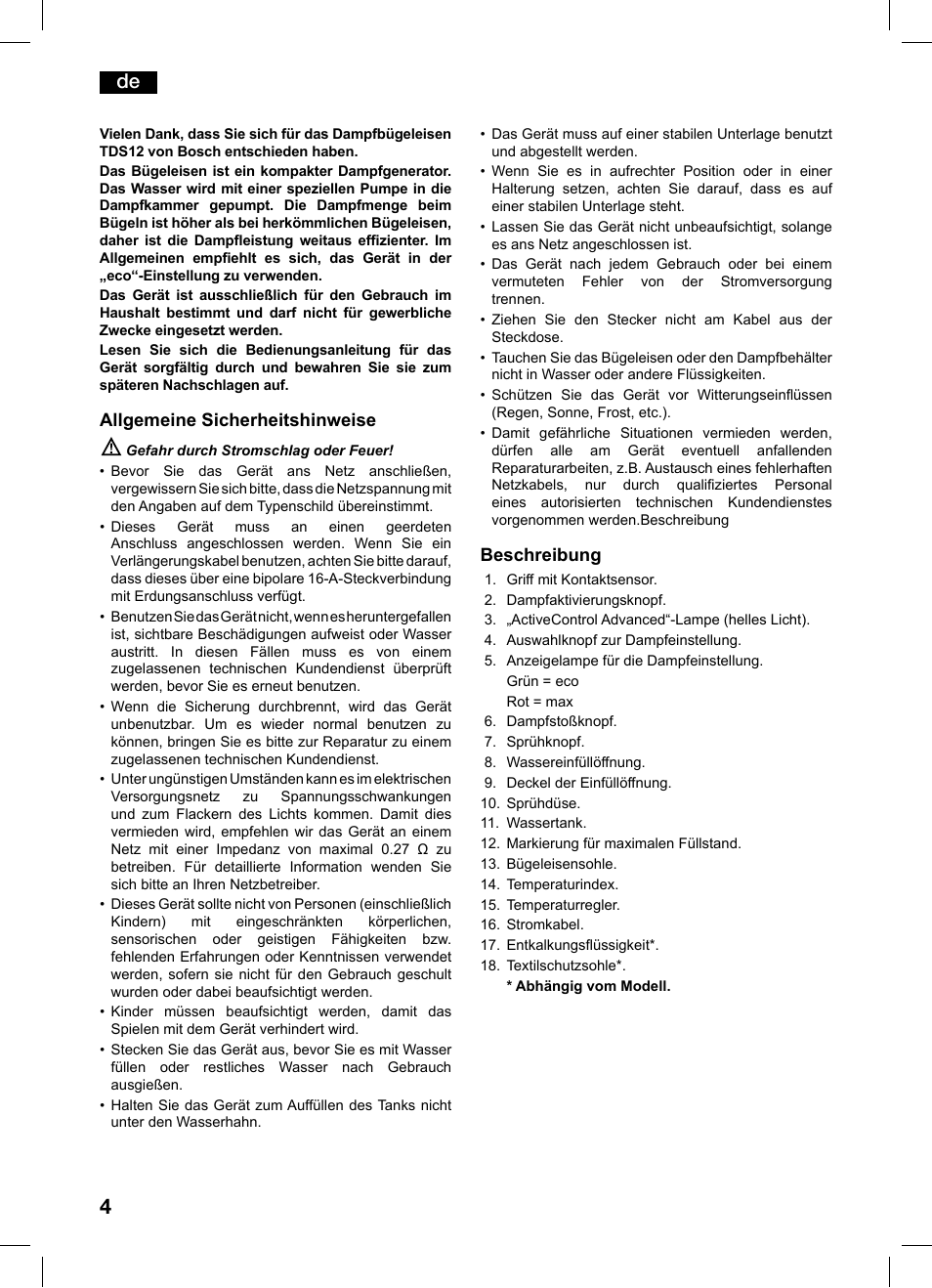 Allgemeine sicherheitshinweise, Beschreibung | Bosch TDS1216 User Manual | Page 4 / 116