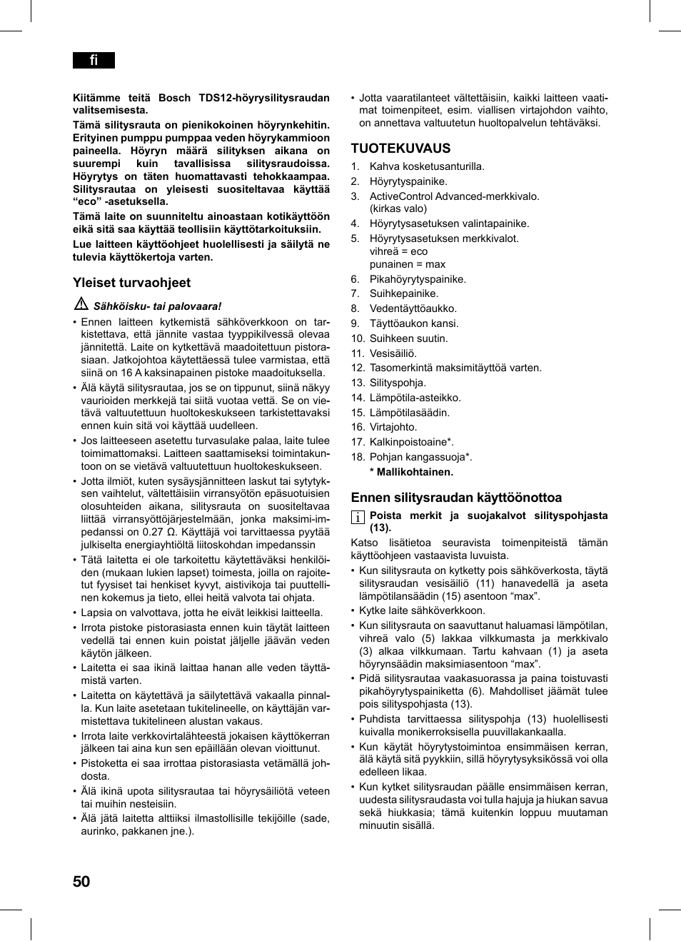 Yleiset turvaohjeet, Tuotekuvaus, Ennen silitysraudan käyttöönottoa | Bosch TDS1216 User Manual | Page 50 / 116