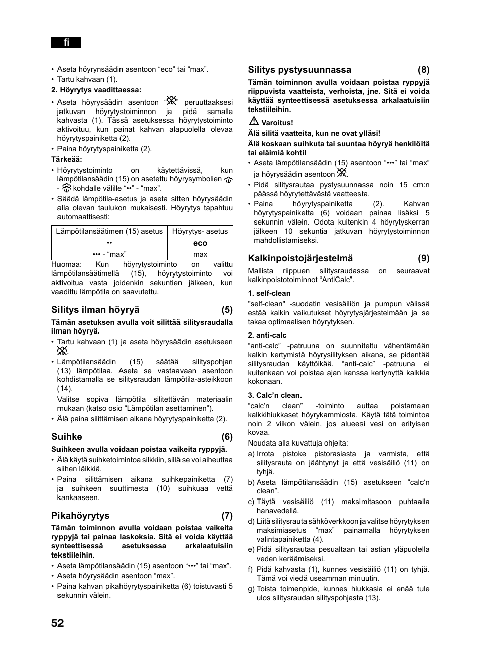 Silitys ilman höyryä (5), Suihke (6), Pikahöyrytys (7) | Silitys pystysuunnassa (8), Kalkinpoistojärjestelmä (9) | Bosch TDS1216 User Manual | Page 52 / 116