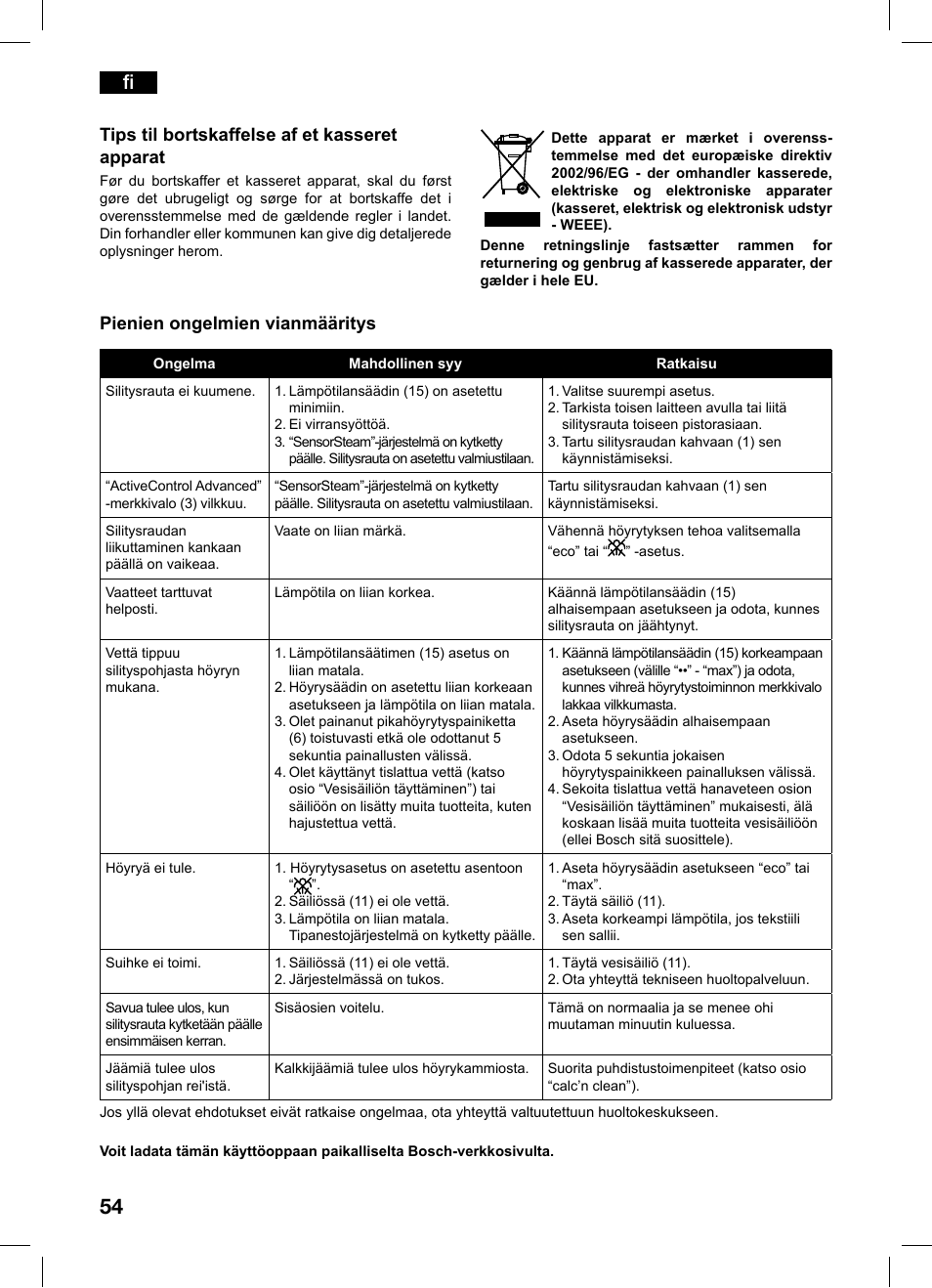 Pienien ongelmien vianmääritys, Tips til bortskaffelse af et kasseret apparat | Bosch TDS1216 User Manual | Page 54 / 116