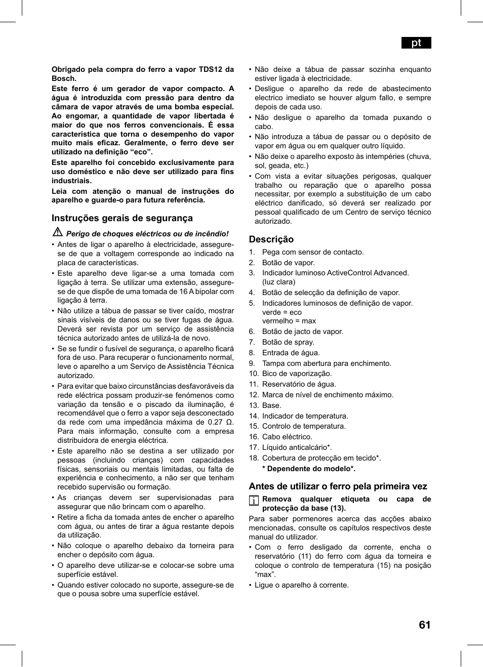 Instruções gerais de segurança, Descrição, Antes de utilizar o ferro pela primeira vez | Bosch TDS1216 User Manual | Page 61 / 116