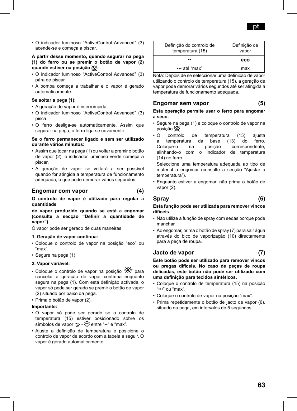 Engomar com vapor (4), Engomar sem vapor (5), Spray (6) | Jacto de vapor (7) | Bosch TDS1216 User Manual | Page 63 / 116