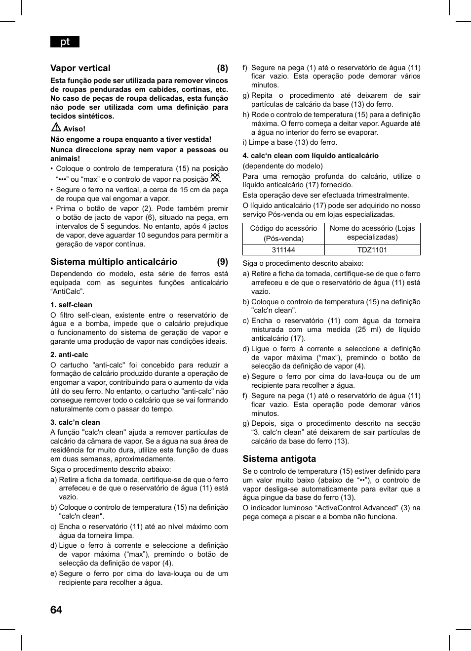 Vapor vertical (8), Sistema múltiplo anticalcário (9), Sistema antigota | Bosch TDS1216 User Manual | Page 64 / 116