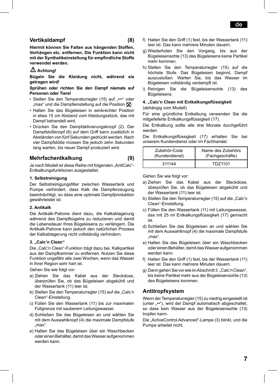 Vertikaldampf (8), Mehrfachentkalkung (9), Antitropfsystem | Bosch TDS1216 User Manual | Page 7 / 116