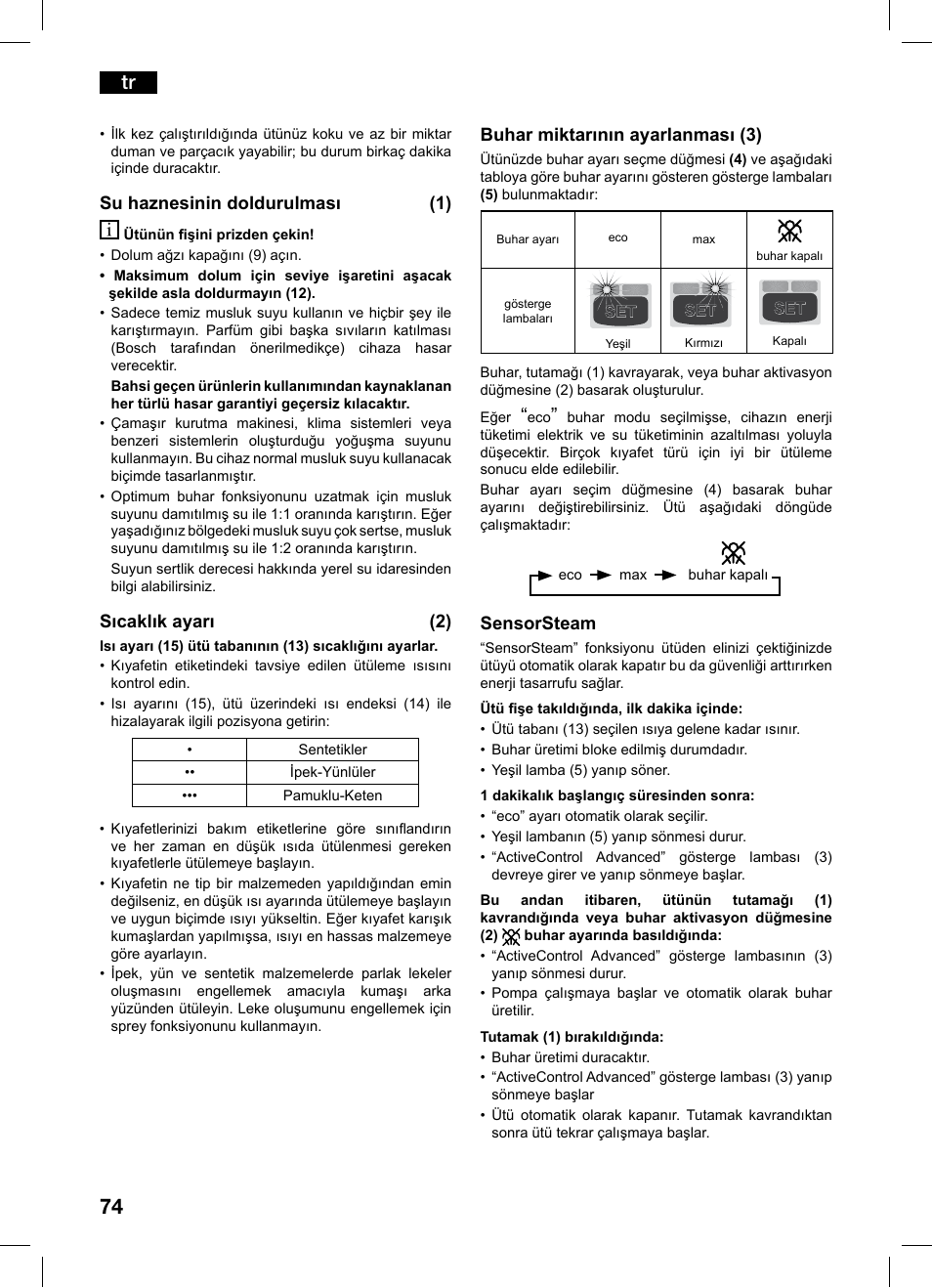 Su haznesinin doldurulması (1), Sıcaklık ayarı (2), Buhar miktarının ayarlanması (3) | Sensorsteam | Bosch TDS1216 User Manual | Page 74 / 116