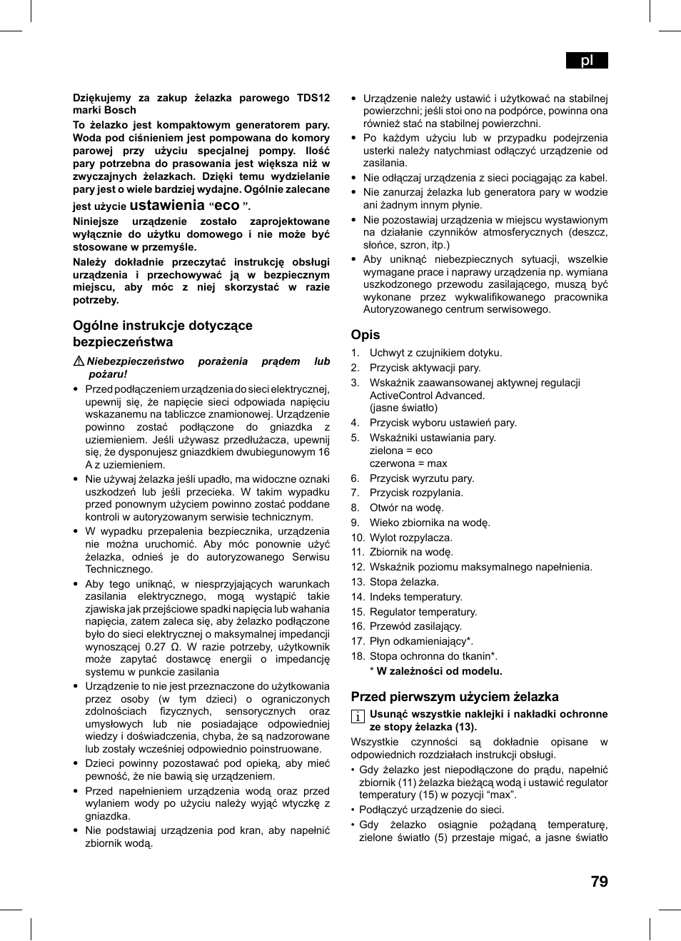 Ustawienia, Ogólne instrukcje dotyczące bezpieczeństwa, Opis | Przed pierwszym użyciem żelazka | Bosch TDS1216 User Manual | Page 79 / 116