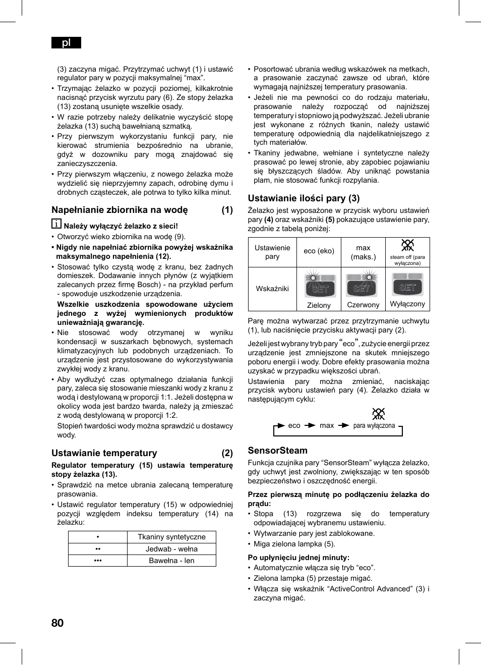 Napełnianie zbiornika na wodę (1), Ustawianie temperatury (2), Ustawianie ilości pary (3) | Sensorsteam | Bosch TDS1216 User Manual | Page 80 / 116