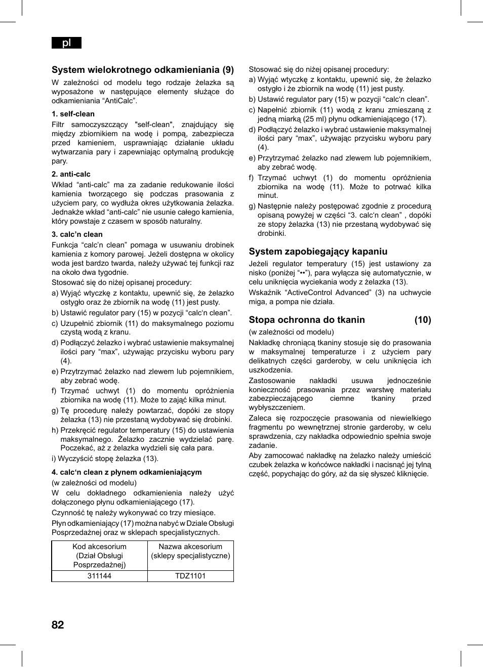 System wielokrotnego odkamieniania (9), System zapobiegający kapaniu, Stopa ochronna do tkanin (10) | Bosch TDS1216 User Manual | Page 82 / 116