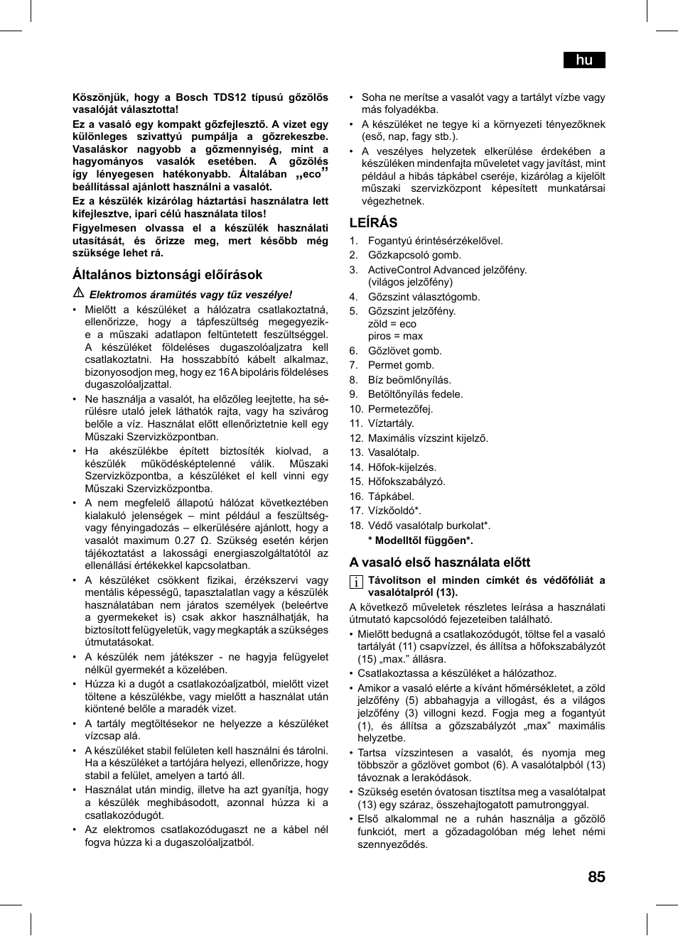 Általános biztonsági előírások, Leírás, A vasaló első használata előtt | Bosch TDS1216 User Manual | Page 85 / 116