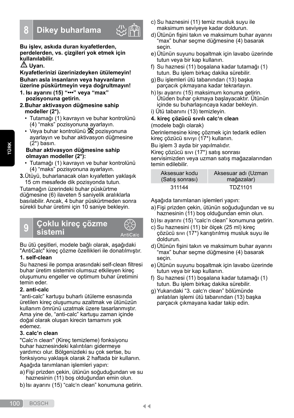 8 dikey buharlama, 9 çoklu kireç çözme sistemi, Dikey buharlama | Çoklu kireç çözme sistemi | Bosch TDS12SPORT User Manual | Page 100 / 150