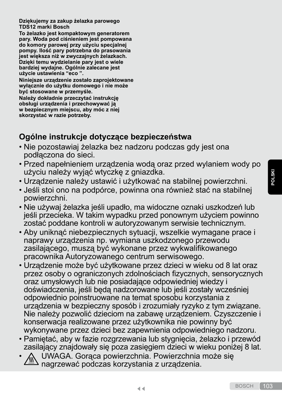 Polski, Ogólne instrukcje dotyczące bezpieczeństwa | Bosch TDS12SPORT User Manual | Page 103 / 150