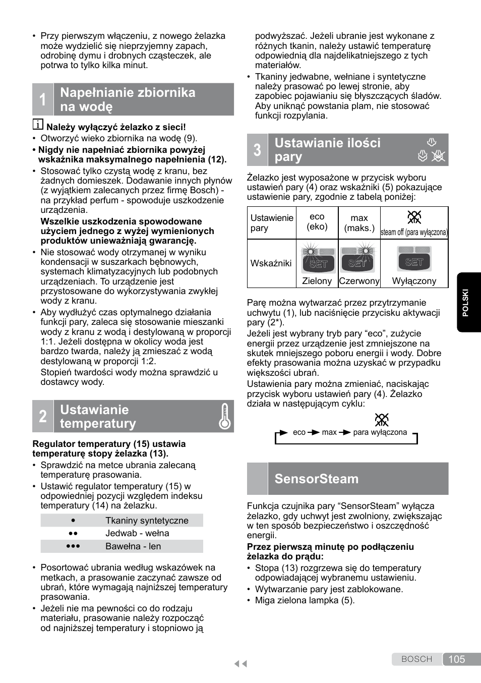 1 napełnianie zbiornika na wodę, 2 ustawianie temperatury, 3 ustawianie ilości pary | Ustawianie ilości pary, Sensorsteam, Napełnianie zbiornika na wodę, Ustawianie temperatury | Bosch TDS12SPORT User Manual | Page 105 / 150