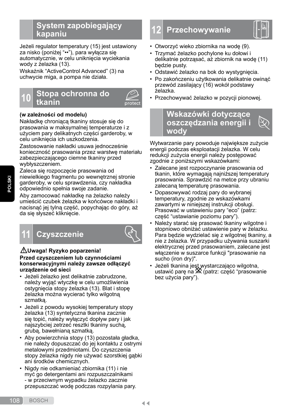 System zapobiegający kapaniu, 10 stopa ochronna do tkanin, 11 czyszczenie | 12 przechowywanie, Wskazówki dotyczące oszczędzania energii i wody, Przechowywanie, Stopa ochronna do tkanin, Czyszczenie | Bosch TDS12SPORT User Manual | Page 108 / 150