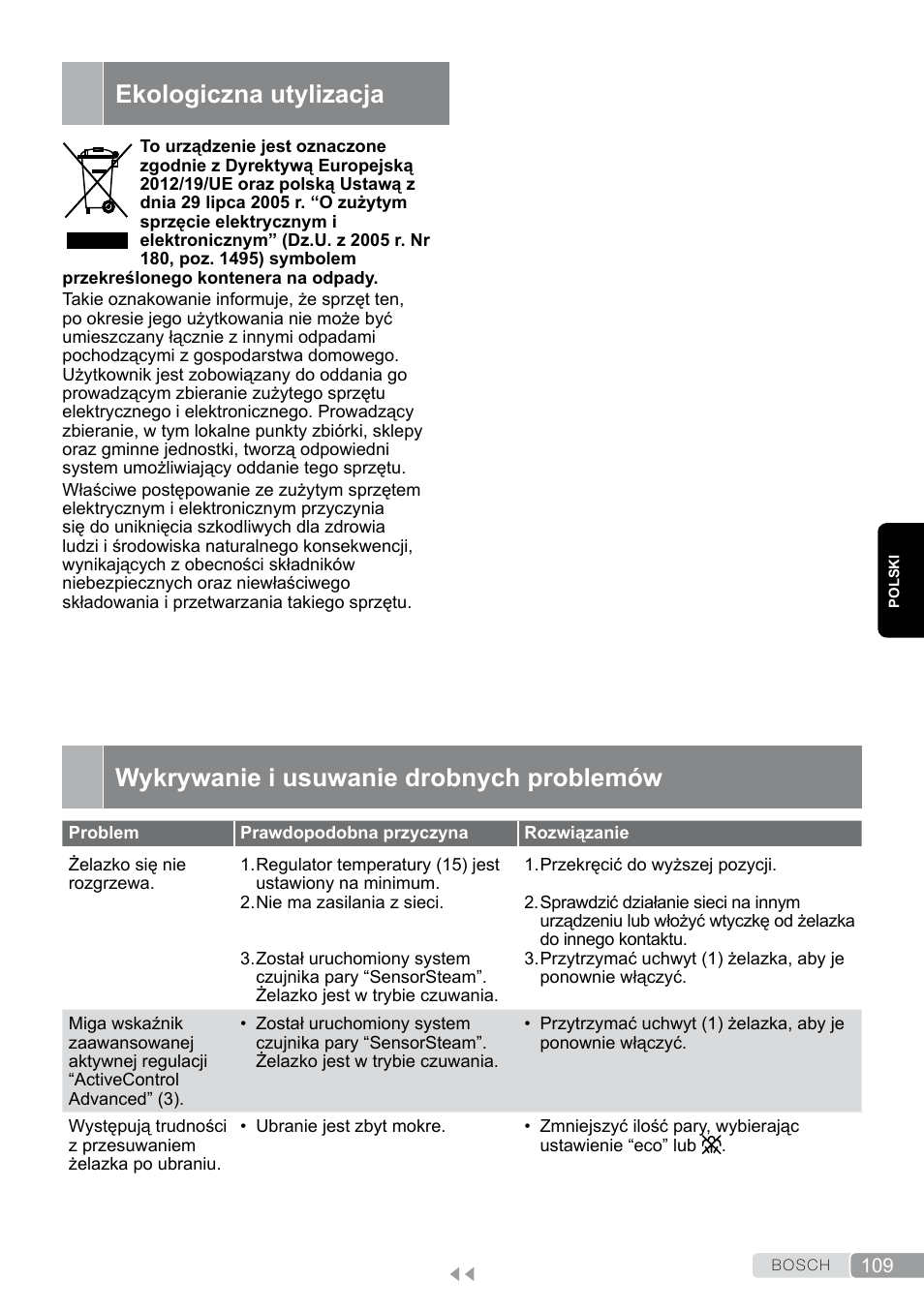 Ekologiczna utylizacja, Wykrywanie i usuwanie drobnych problemów | Bosch TDS12SPORT User Manual | Page 109 / 150