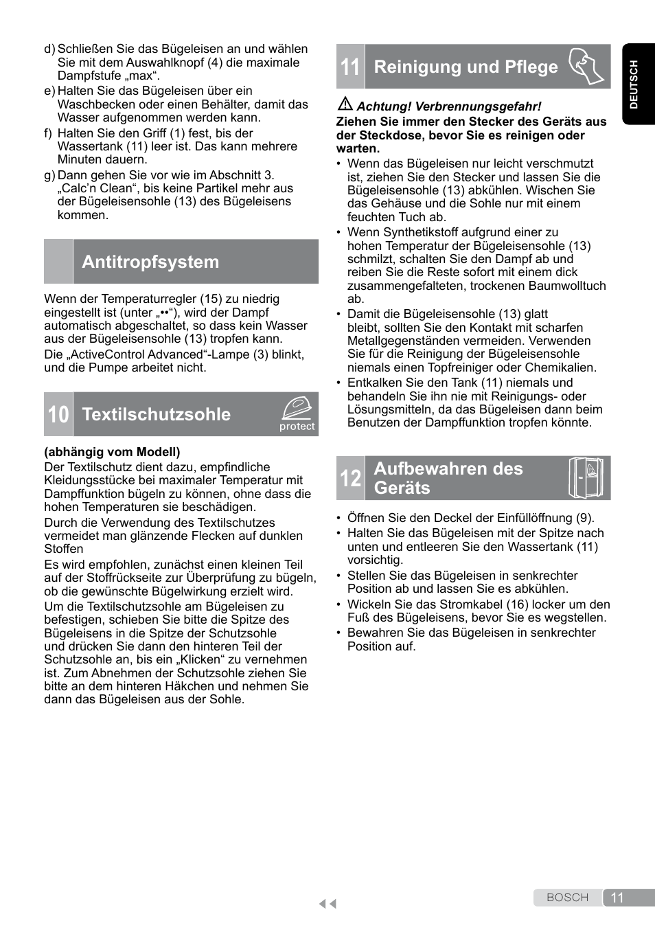 Antitropfsystem, 10 textilschutzsohle, 11 reinigung und pflege | 12 aufbewahren des geräts, Reinigung und pflege, Aufbewahren des geräts, Textilschutzsohle | Bosch TDS12SPORT User Manual | Page 11 / 150