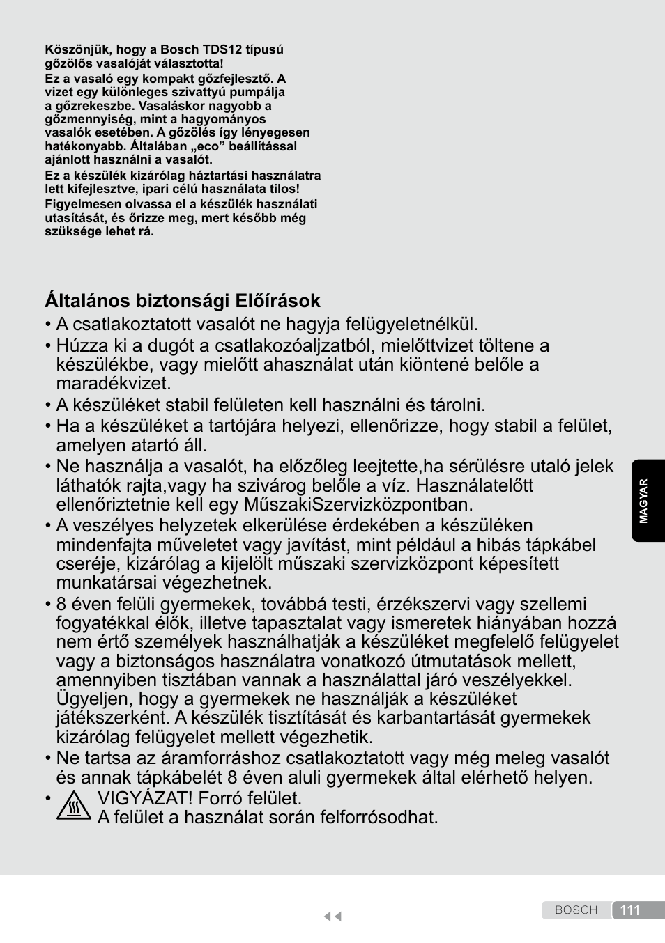 Magyar, Általános biztonsági előírások | Bosch TDS12SPORT User Manual | Page 111 / 150