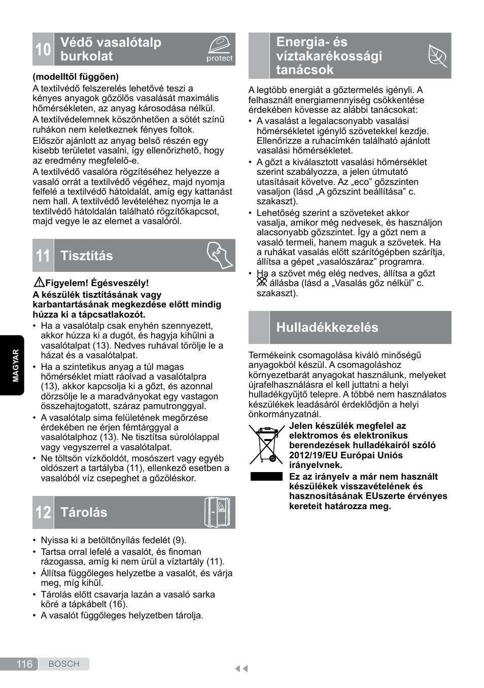 10 védő vasalótalp burkolat, 11 tisztítás, 12 tárolás | Energia- és víztakarékossági tanácsok, Hulladékkezelés, Védő vasalótalp burkolat, Tisztítás, Tárolás | Bosch TDS12SPORT User Manual | Page 116 / 150