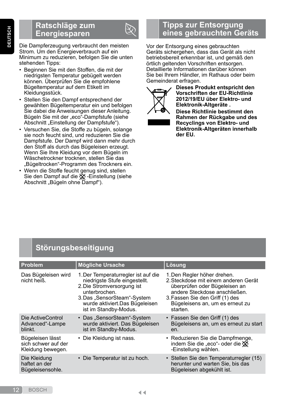 Ratschläge zum energiesparen, Tipps zur entsorgung eines gebrauchten geräts, Störungsbeseitigung | Bosch TDS12SPORT User Manual | Page 12 / 150