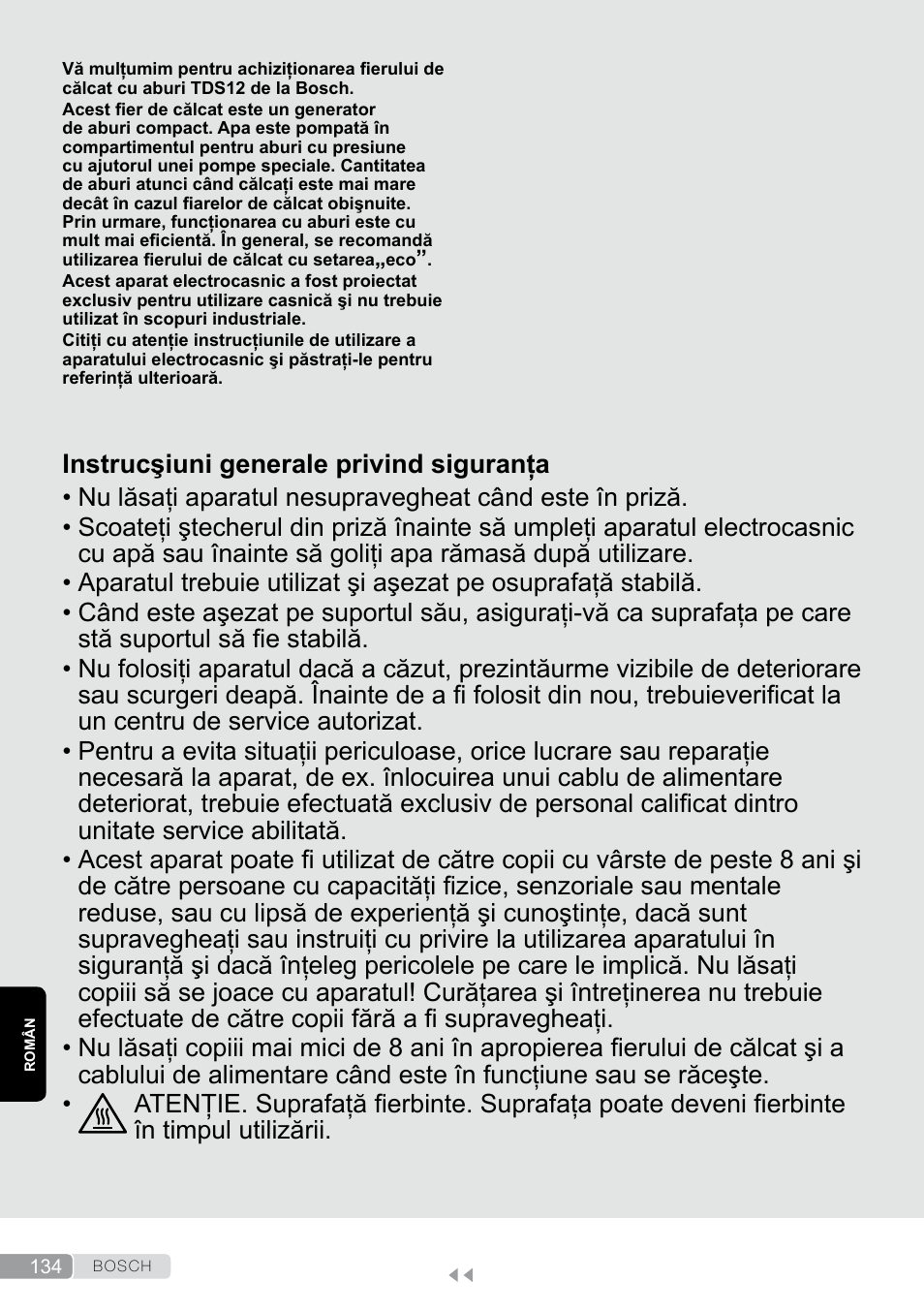 Român, Instrucşiuni generale privind siguranţa | Bosch TDS12SPORT User Manual | Page 134 / 150