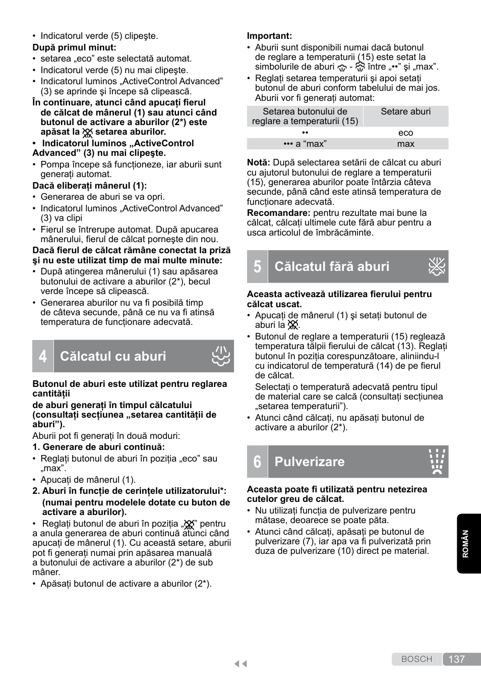 4 călcatul cu aburi, 5 călcatul fără aburi, 6 pulverizare | Călcatul fără aburi, Pulverizare, Călcatul cu aburi | Bosch TDS12SPORT User Manual | Page 137 / 150