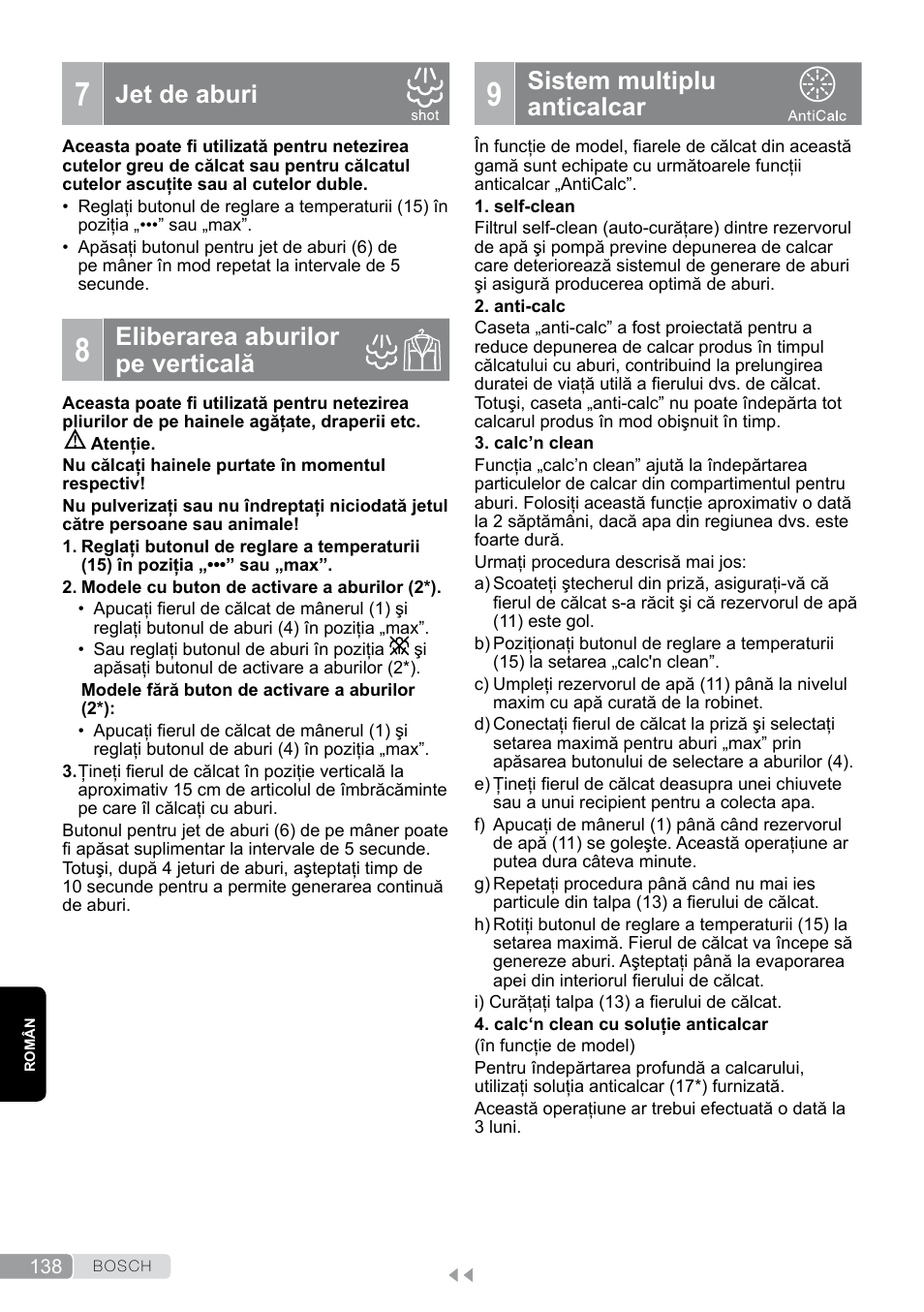 7 jet de aburi, 8 eliberarea aburilor pe verticală, 9 sistem multiplu anticalcar | Sistem multiplu anticalcar, Jet de aburi, Eliberarea aburilor pe verticală | Bosch TDS12SPORT User Manual | Page 138 / 150