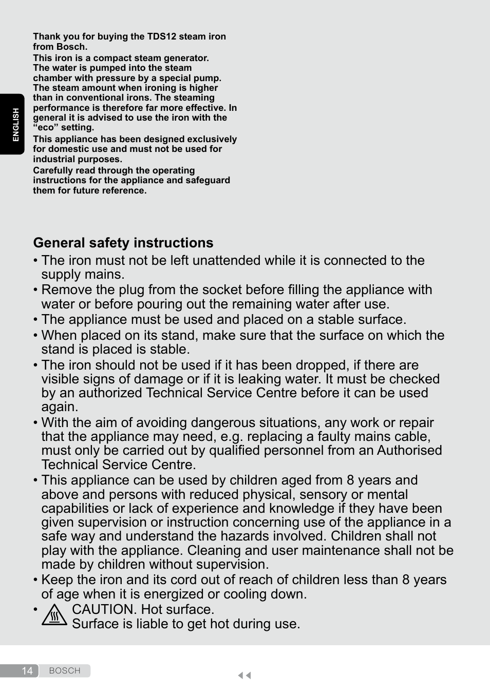 English, General safety instructions | Bosch TDS12SPORT User Manual | Page 14 / 150