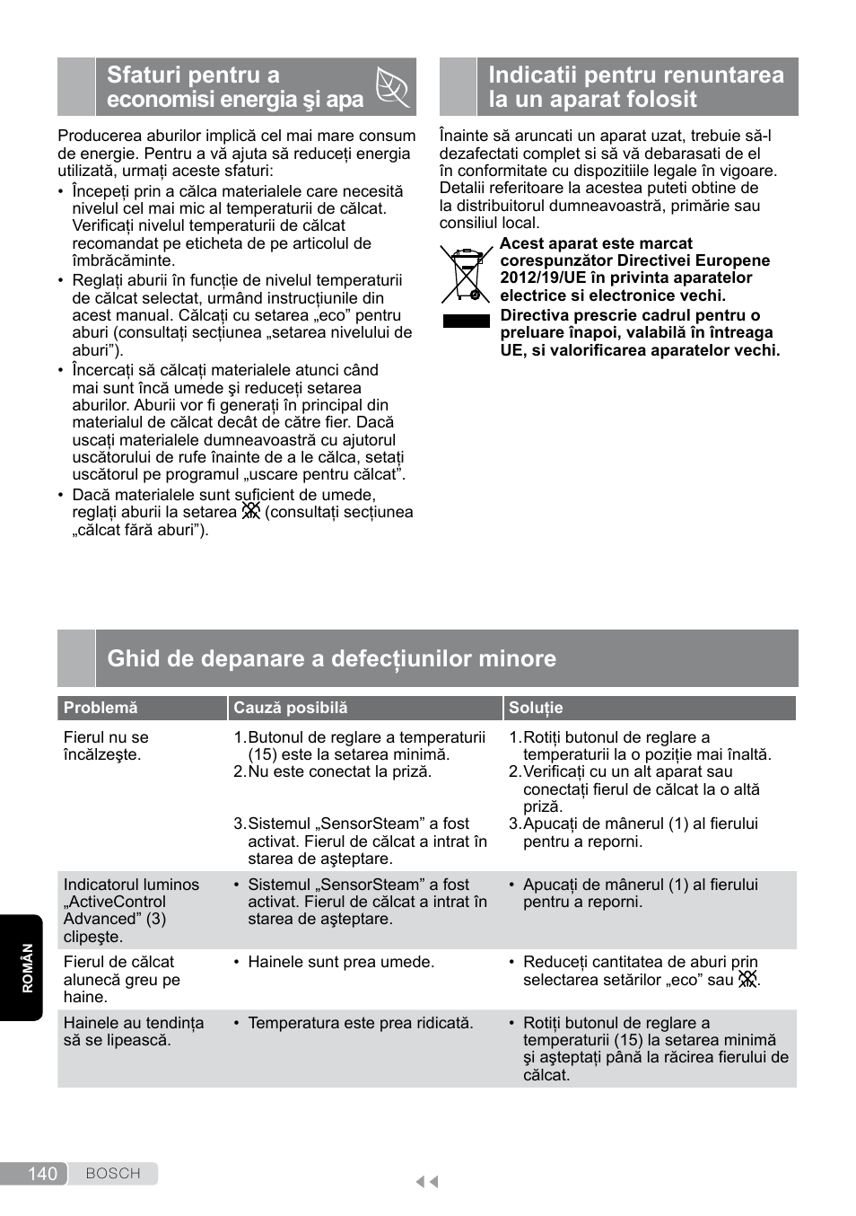 Sfaturi pentru a economisi energia şi apa, Indicatii pentru renuntarea la un aparat folosit, Ghid de depanare a defecţiunilor minore | Bosch TDS12SPORT User Manual | Page 140 / 150