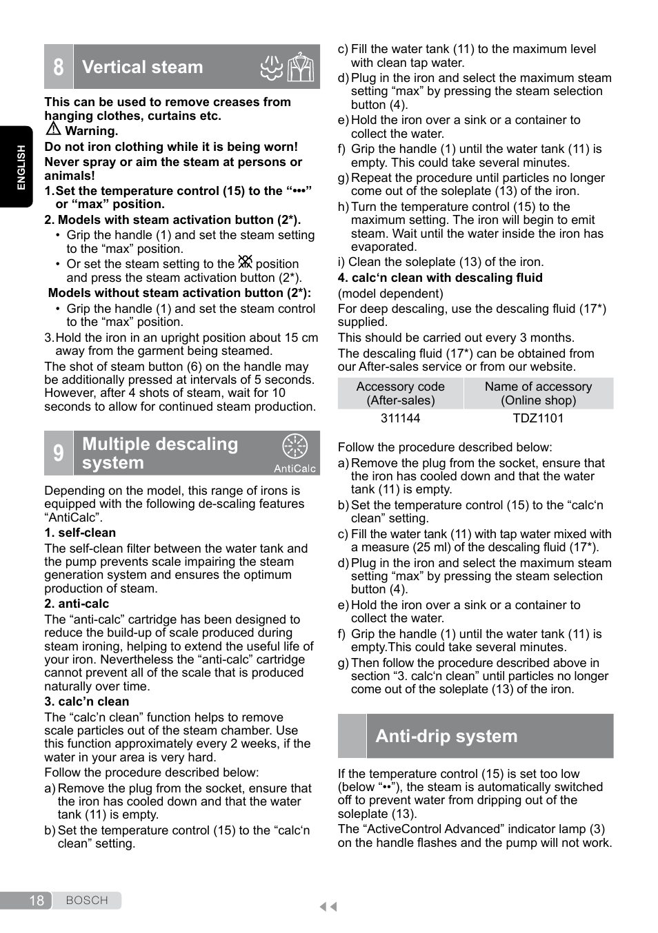 8 vertical steam, 9 multiple descaling system, Anti-drip system | Vertical steam, Multiple descaling system | Bosch TDS12SPORT User Manual | Page 18 / 150