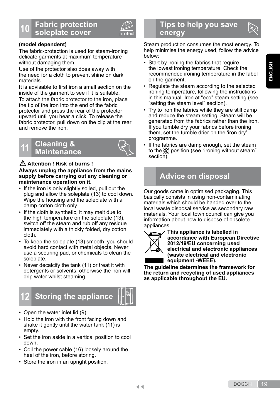 10 fabric protection soleplate cover, 11 cleaning & maintenance, 12 storing the appliance | Tips to help you save energy, Advice on disposal, Fabric protection soleplate cover, Cleaning & maintenance, Storing the appliance | Bosch TDS12SPORT User Manual | Page 19 / 150