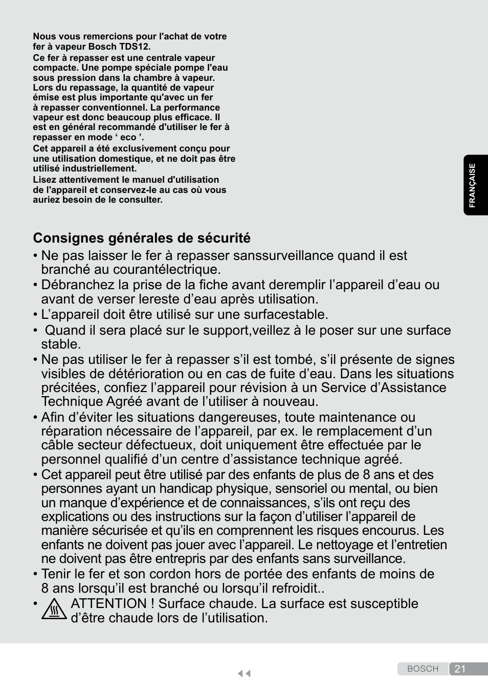 Française, Consignes générales de sécurité | Bosch TDS12SPORT User Manual | Page 21 / 150