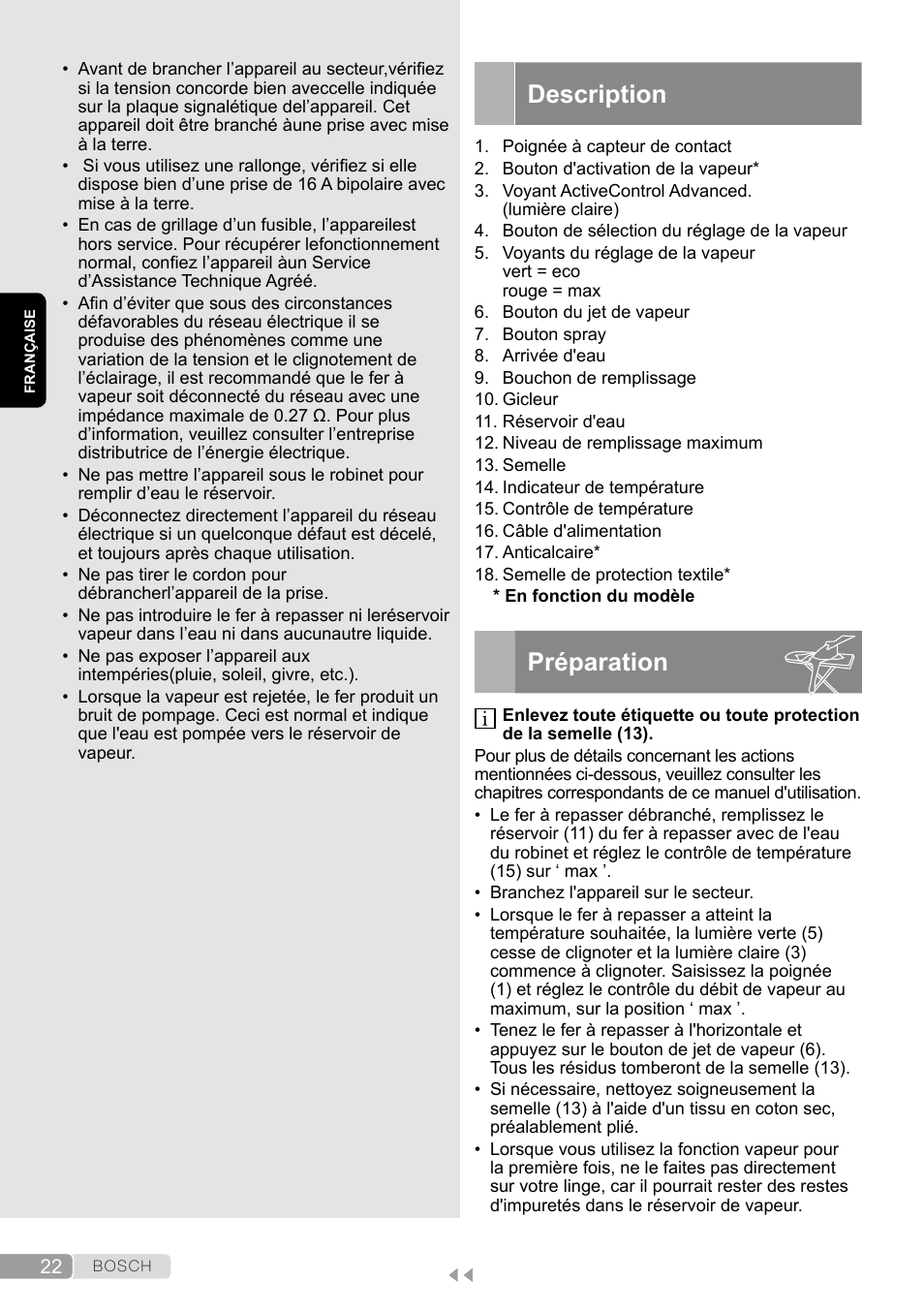 Description, Préparation | Bosch TDS12SPORT User Manual | Page 22 / 150