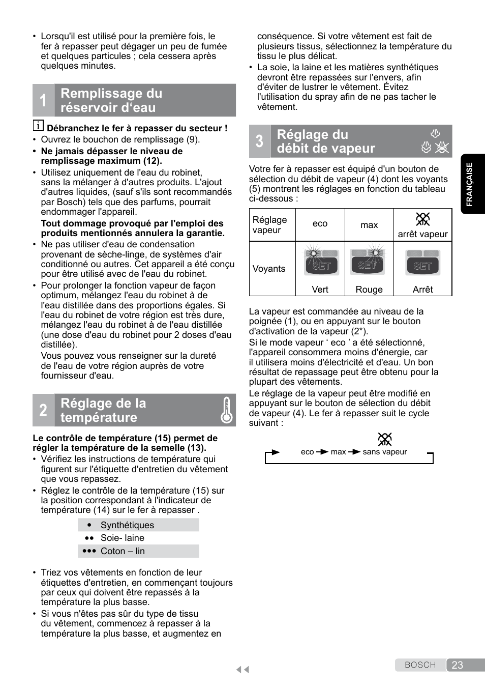 1 remplissage du réservoir d‘eau, 2 réglage de la température, 3 réglage du débit de vapeur | Réglage du débit de vapeur, Remplissage du réservoir d‘eau, Réglage de la température | Bosch TDS12SPORT User Manual | Page 23 / 150