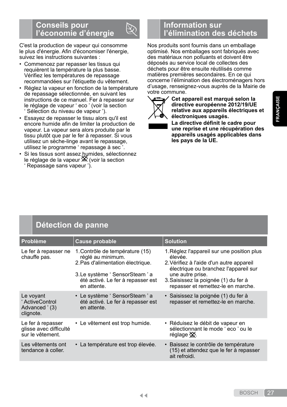 Conseils pour l’économie d’énergie, Information sur l’élimination des déchets, Détection de panne | Bosch TDS12SPORT User Manual | Page 27 / 150