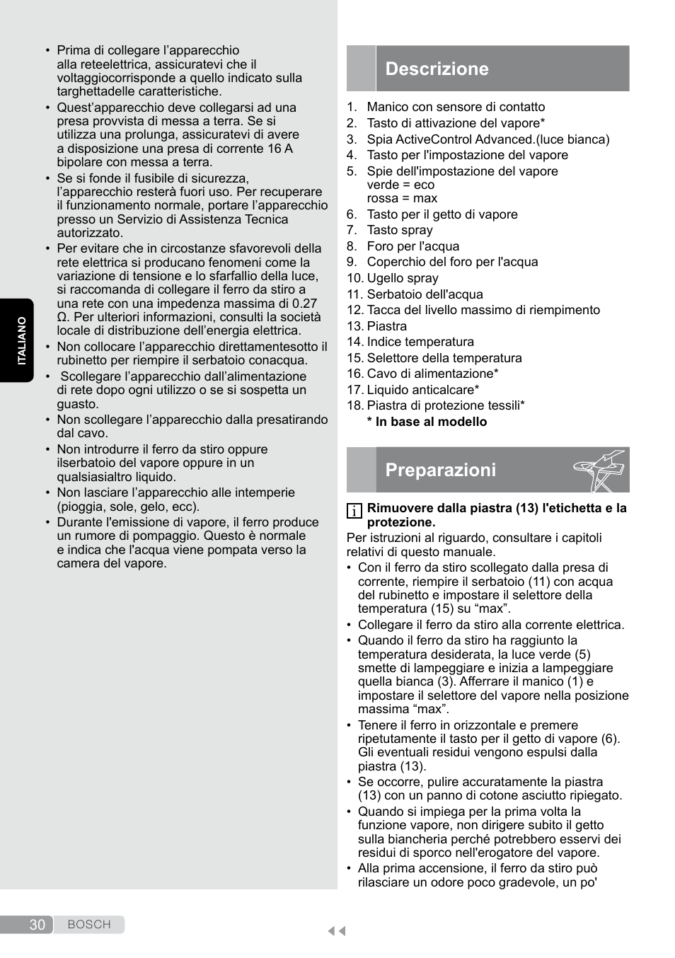 Descrizione, Preparazioni | Bosch TDS12SPORT User Manual | Page 30 / 150