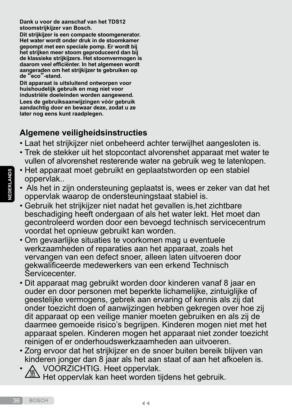 Nederlands, Algemene veiligheidsinstructies | Bosch TDS12SPORT User Manual | Page 36 / 150