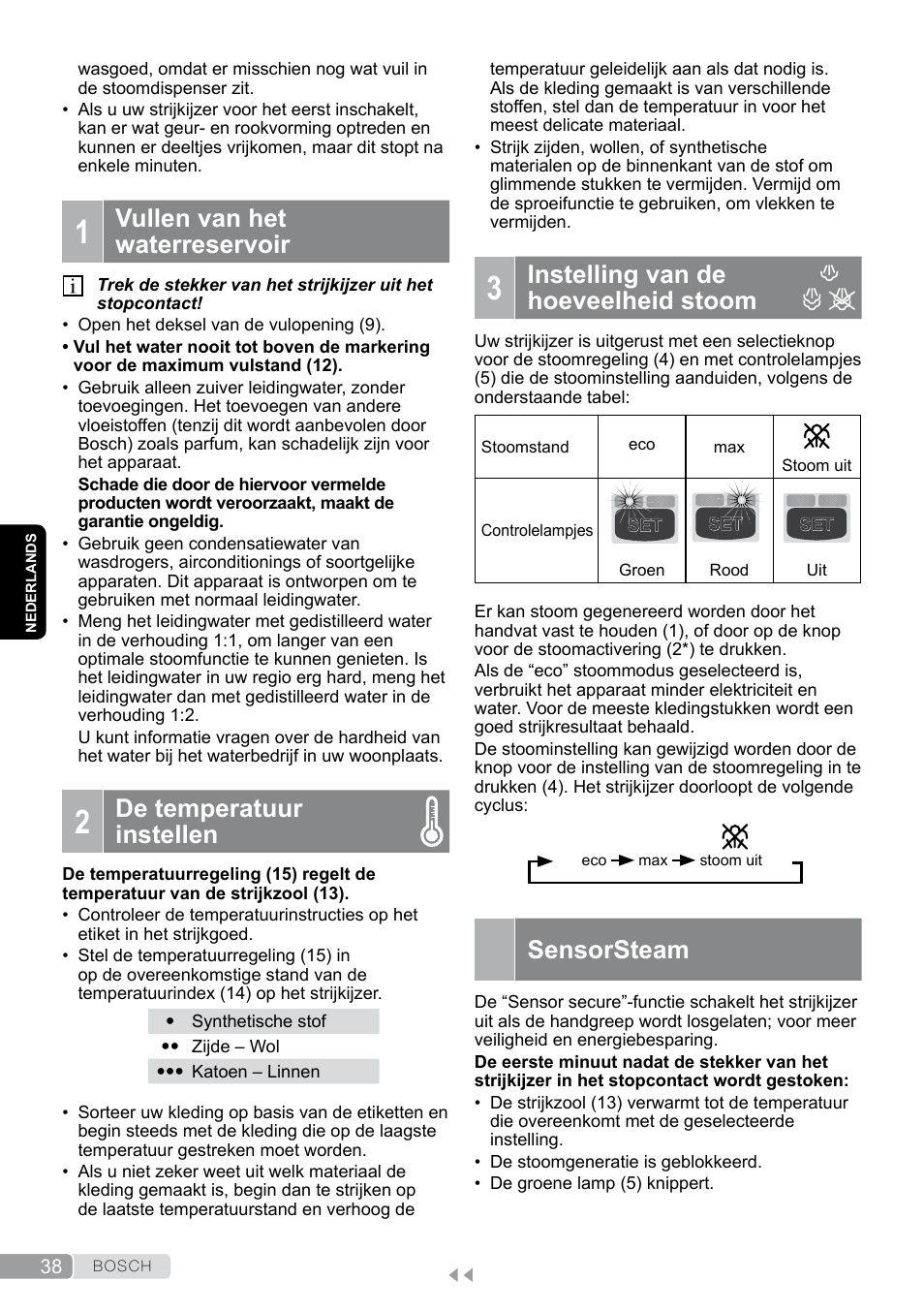 1 vullen van het waterreservoir, 2 de temperatuur instellen, 3 instelling van de hoeveelheid stoom | Instelling van de hoeveelheid stoom, Sensorsteam, Vullen van het waterreservoir, De temperatuur instellen | Bosch TDS12SPORT User Manual | Page 38 / 150