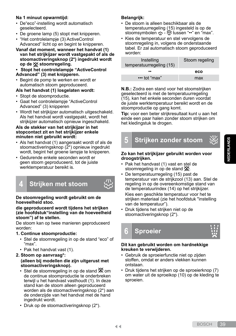 4 strijken met stoom, 5 strijken zonder stoom, 6 sproeier | Strijken zonder stoom, Sproeier, Strijken met stoom | Bosch TDS12SPORT User Manual | Page 39 / 150