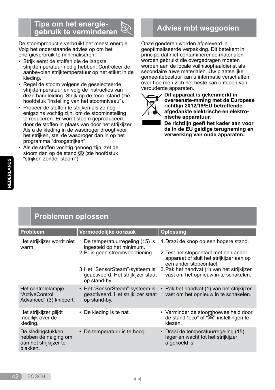 Tips om het energie-gebruik te verminderen, Advies mbt weggooien, Problemen oplossen | Tips om het energie- gebruik te verminderen | Bosch TDS12SPORT User Manual | Page 42 / 150