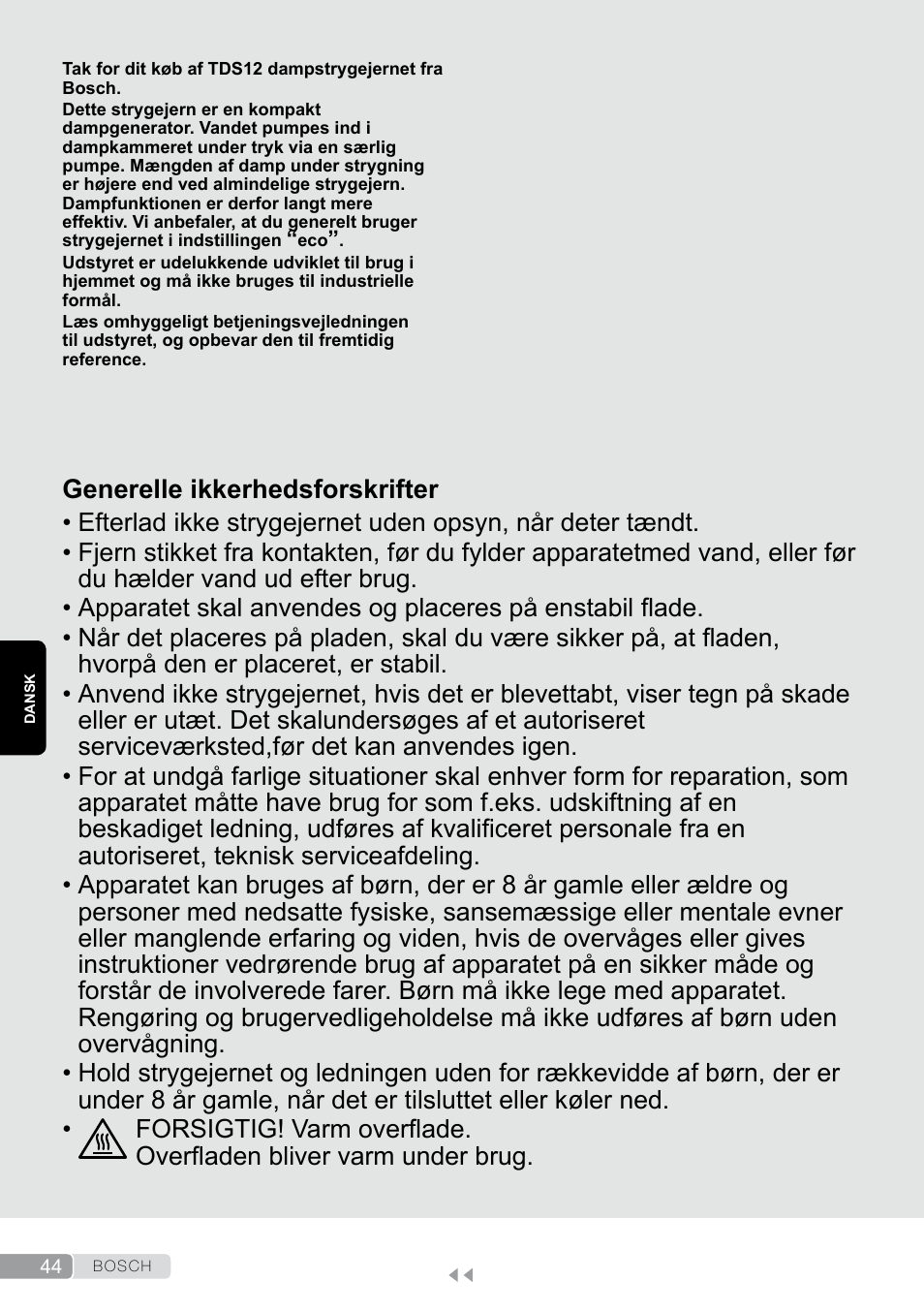 Dansk, Generelle ikkerhedsforskrifter | Bosch TDS12SPORT User Manual | Page 44 / 150