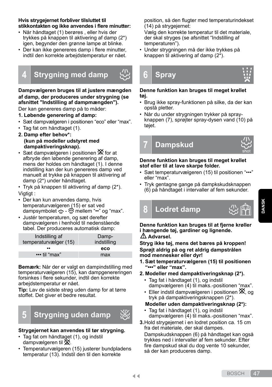 4 strygning med damp, 5 strygning uden damp, 7 dampskud | 8 lodret damp, Strygning med damp, Strygning uden damp, Spray, Dampskud, Lodret damp | Bosch TDS12SPORT User Manual | Page 47 / 150