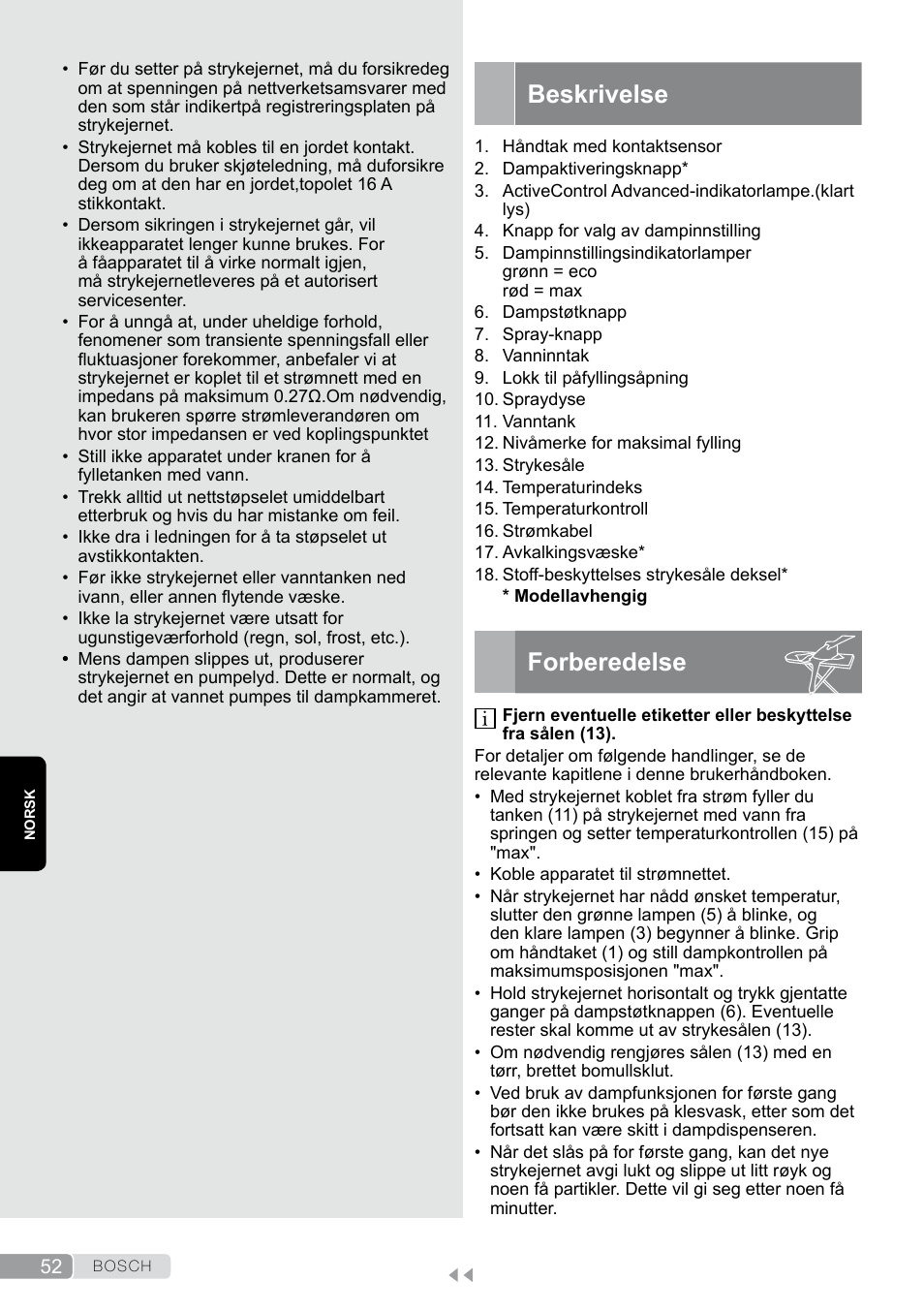 Beskrivelse, Forberedelse | Bosch TDS12SPORT User Manual | Page 52 / 150