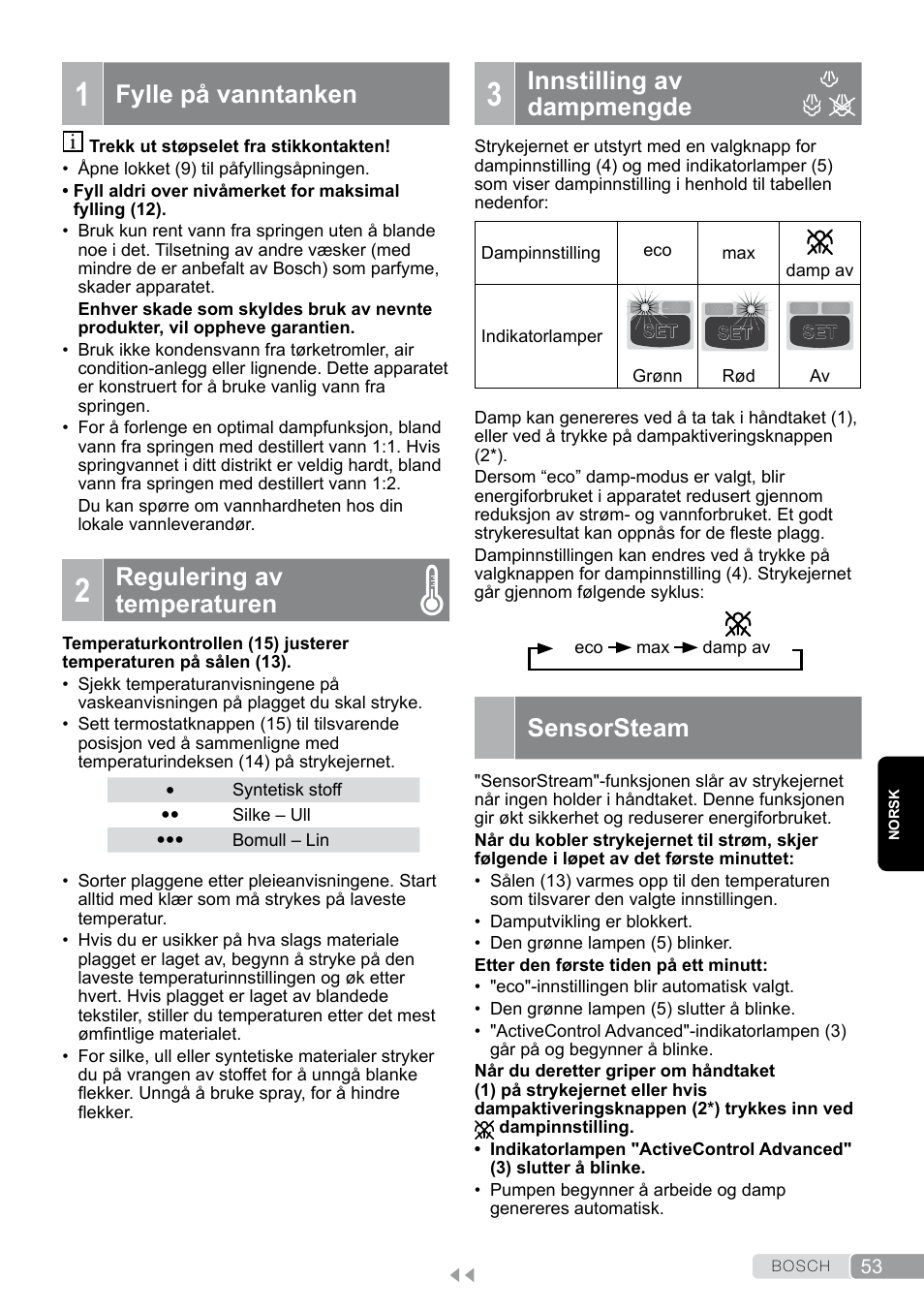 1 fylle på vanntanken, 2 regulering av temperaturen, 3 innstilling av dampmengde | Innstilling av dampmengde, Sensorsteam, Fylle på vanntanken, Regulering av temperaturen | Bosch TDS12SPORT User Manual | Page 53 / 150