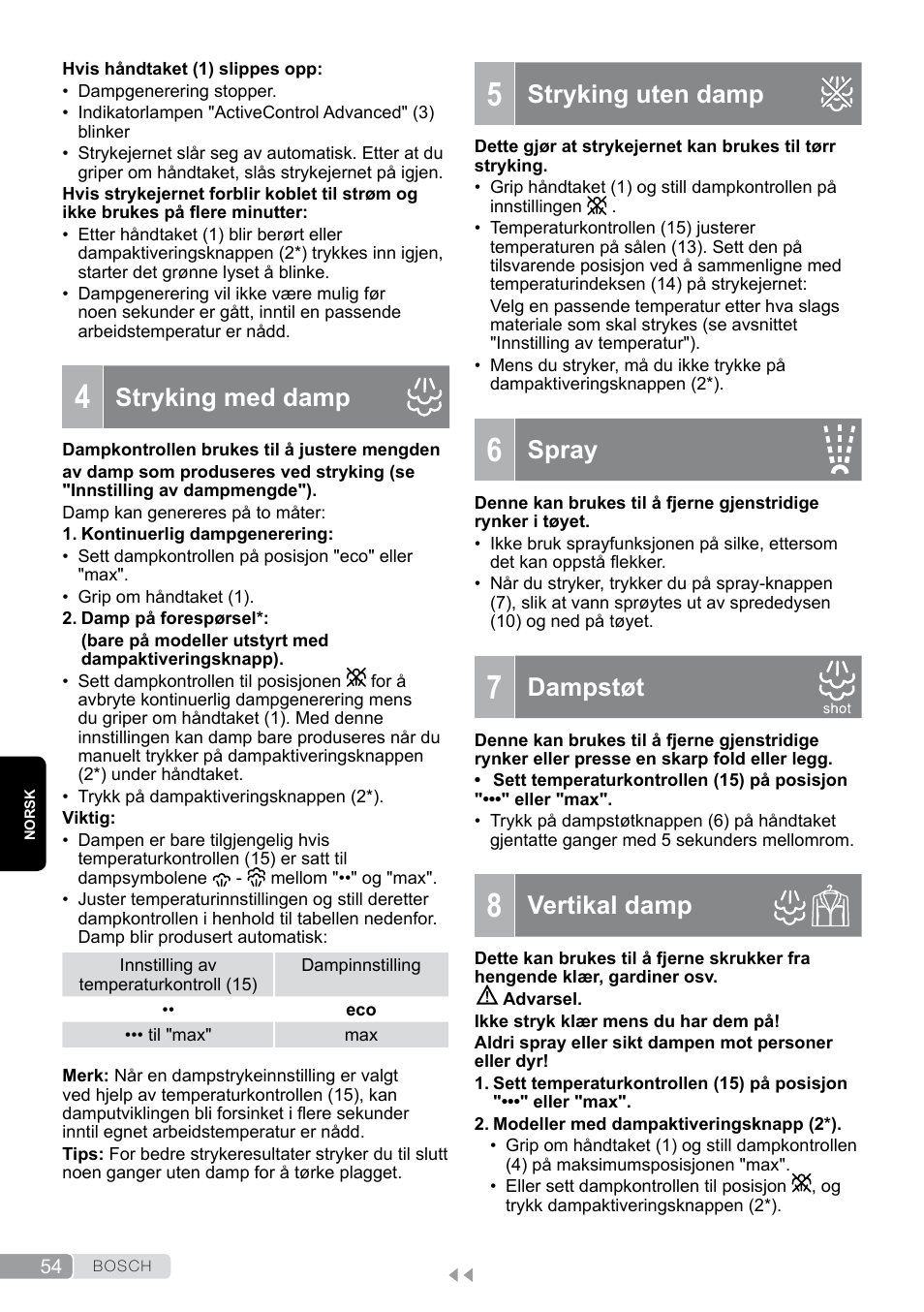 4 stryking med damp, 5 stryking uten damp, 7 dampstøt | 8 vertikal damp, Stryking uten damp, Spray, Dampstøt, Vertikal damp, Stryking med damp | Bosch TDS12SPORT User Manual | Page 54 / 150