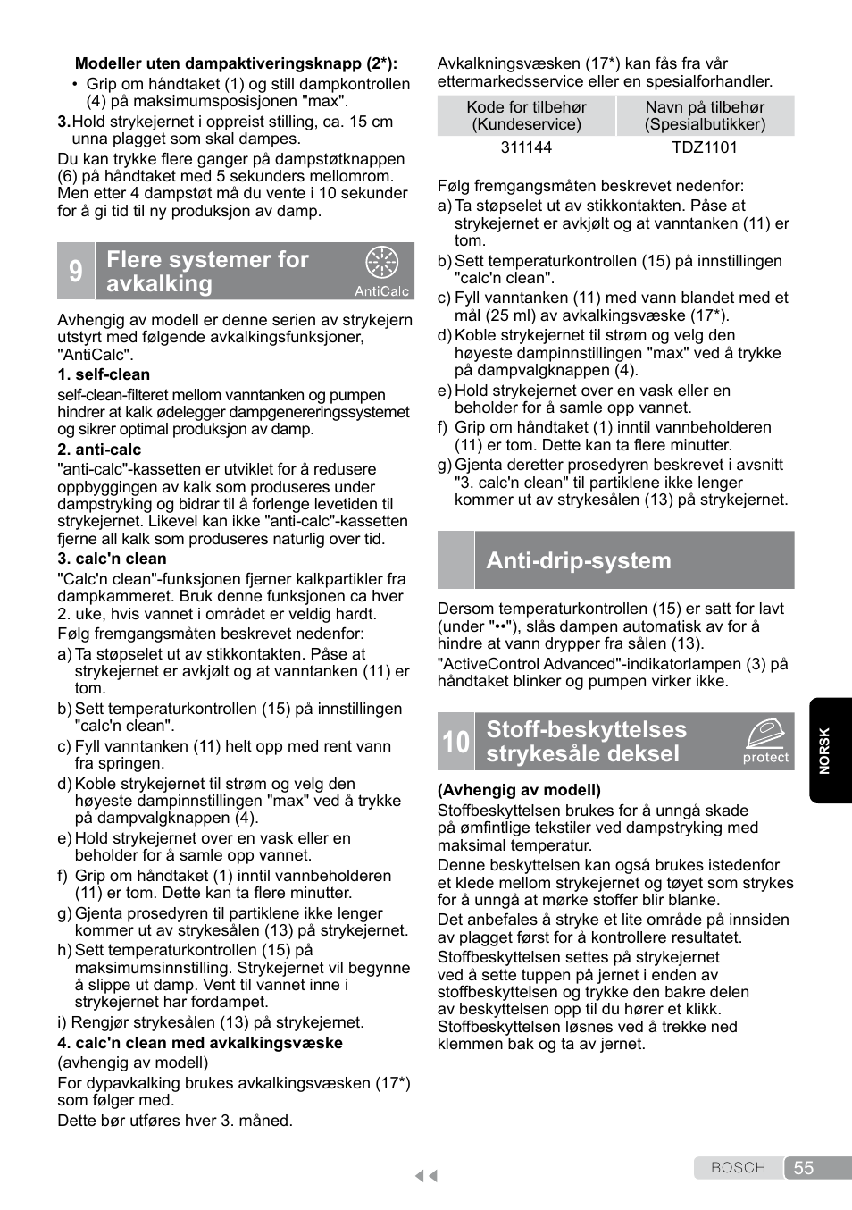 Anti-drip-system, 9 flere systemer for avkalking, 10 stoff-beskyttelses strykesåle deksel | Stoff-beskyttelses strykesåle deksel, Flere systemer for avkalking | Bosch TDS12SPORT User Manual | Page 55 / 150