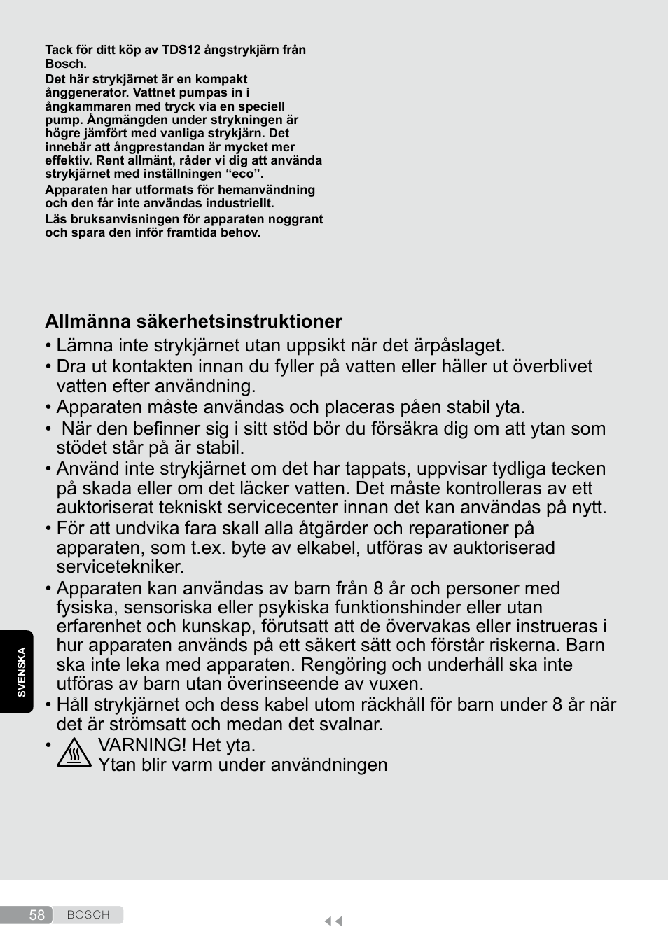 Svenska, Allmänna säkerhetsinstruktioner | Bosch TDS12SPORT User Manual | Page 58 / 150