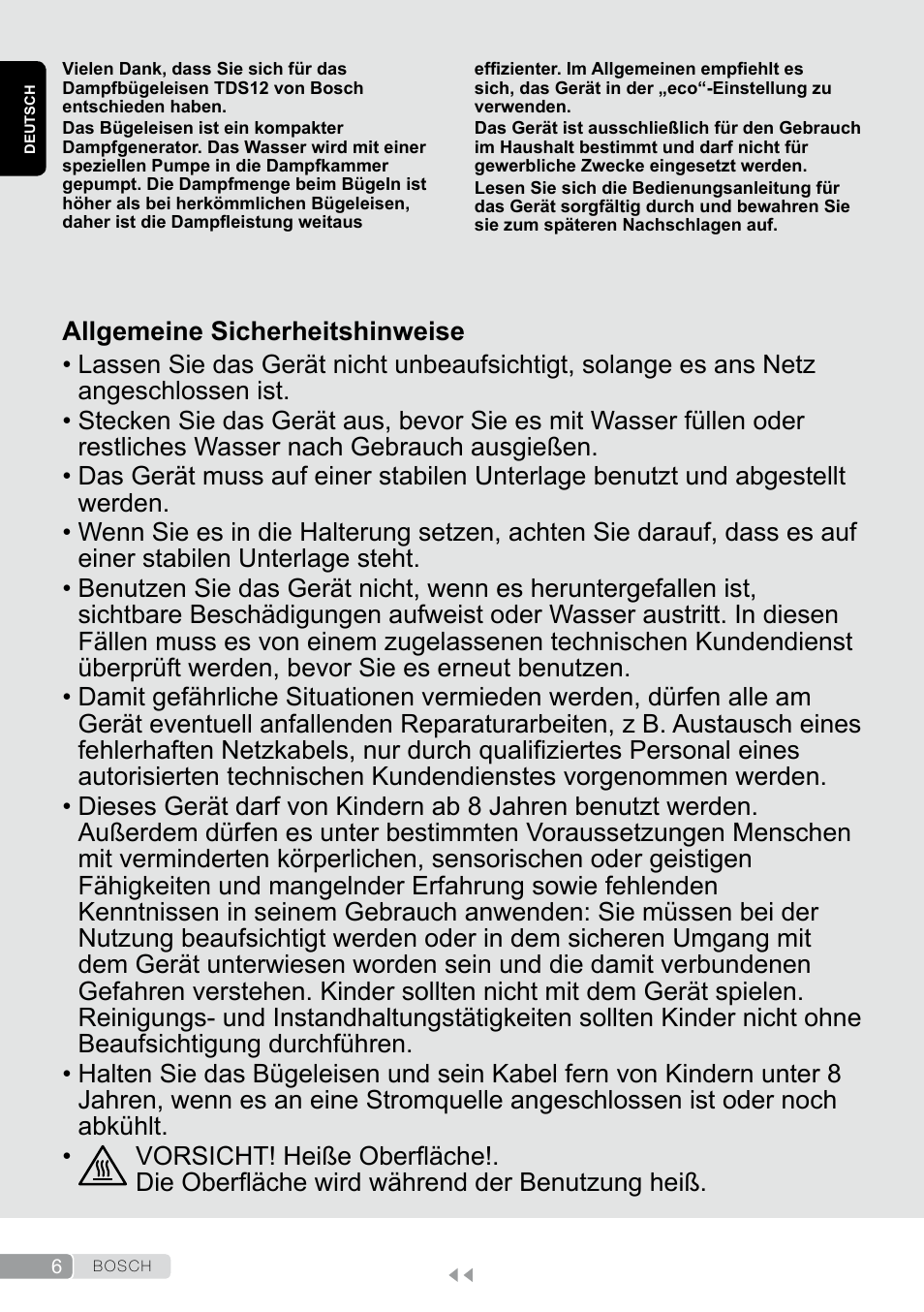 Deutsch, Allgemeine sicherheitshinweise | Bosch TDS12SPORT User Manual | Page 6 / 150